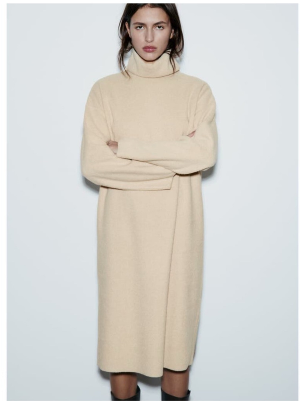Zara Soft Midi Turtleneck Long Sleeve Midi Dress in -Ecru Size Large New